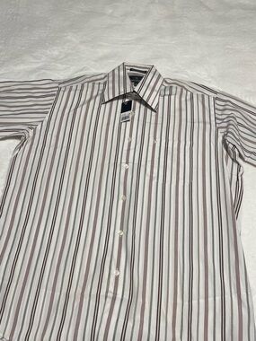 Stacy Adams White Button-Down Shirt with Brown and Black Stripes